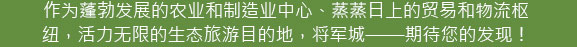 作为蓬勃发展的农业和制造业中心、蒸蒸日上的贸易和物流枢纽，活力无限的生态旅游目的地，将军城——期待您的发现！